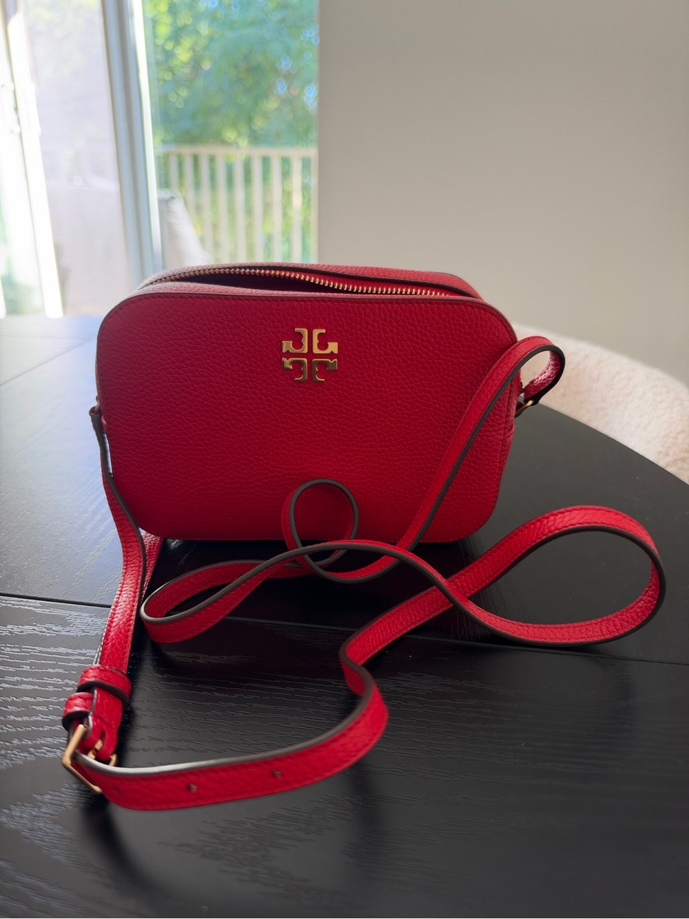 Tory Burch Red Pebbled Leather Crossbody Camera Bag with Gold Logo